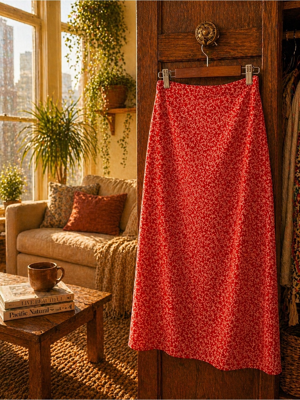 Red Floral Midi Skirt | Lightweight Summer Skirt | Size M - Picture 2 of 2